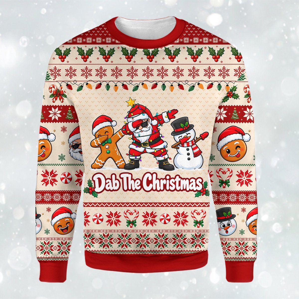 Front view of the red and beige christmas ugly sweater