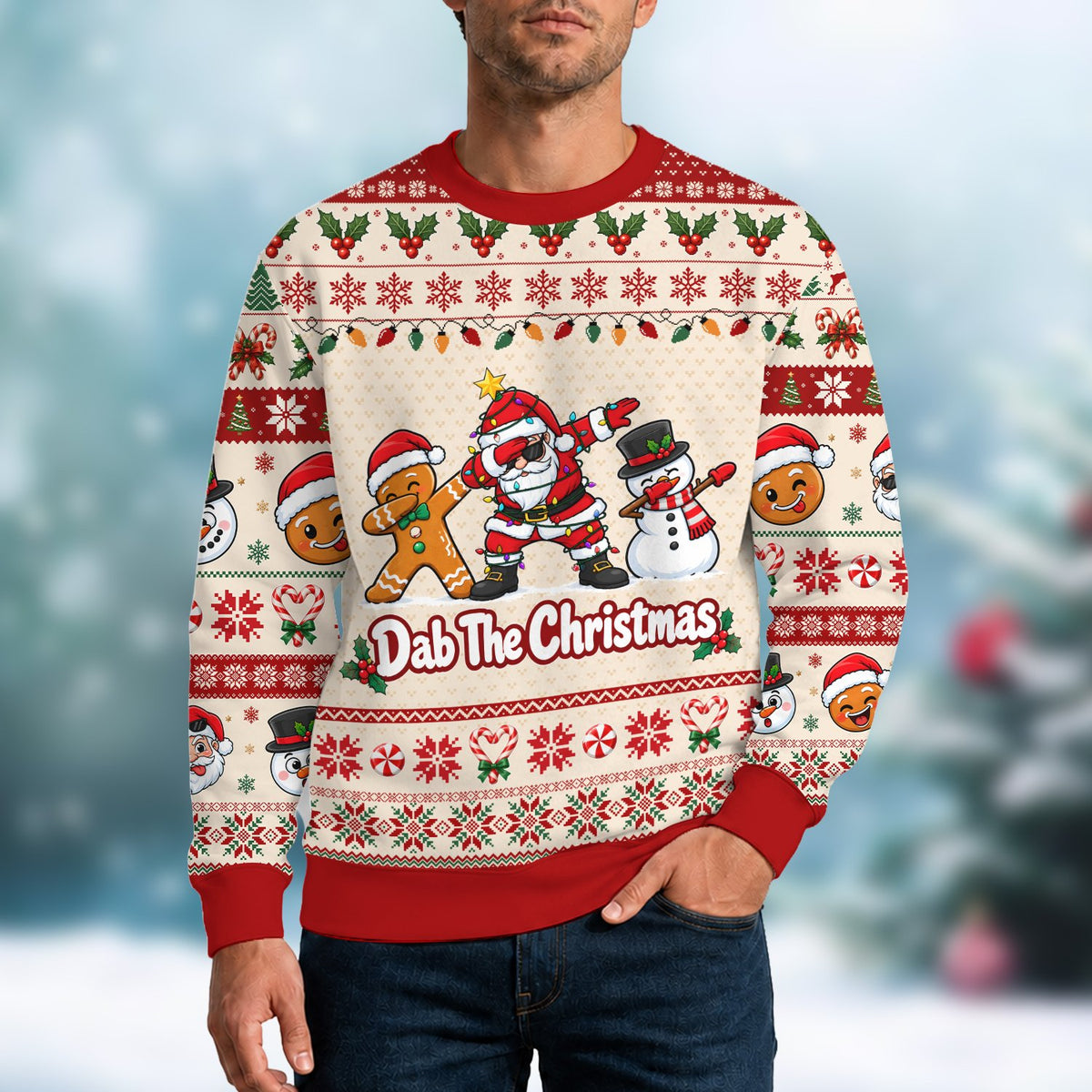 Second lifestyle view wearing the holiday ugly sweater