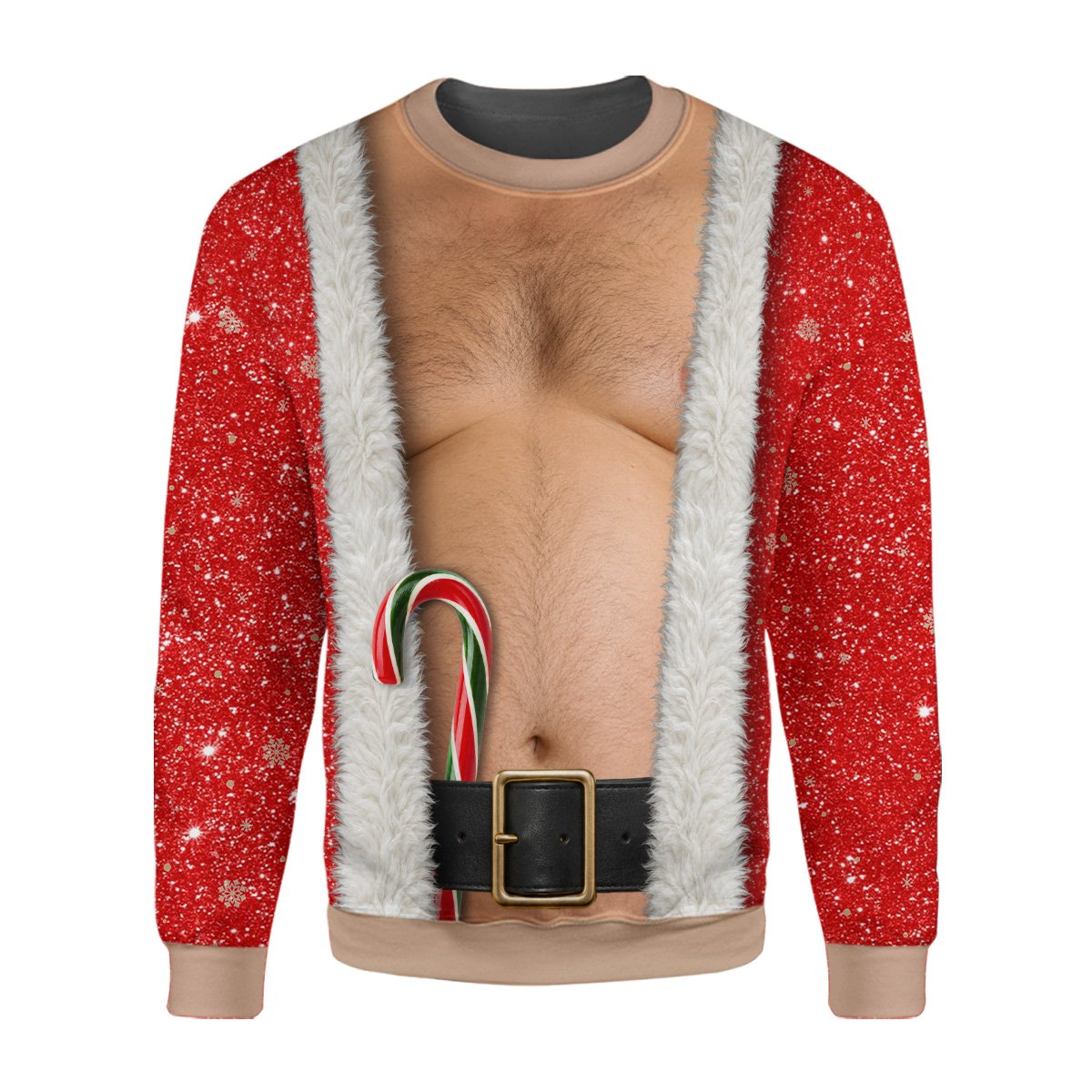Lifestyle shot of an adult wearing the hairy Santa chest ugly sweater