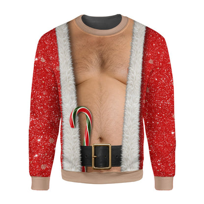 Lifestyle shot of an adult wearing the hairy Santa chest ugly sweater
