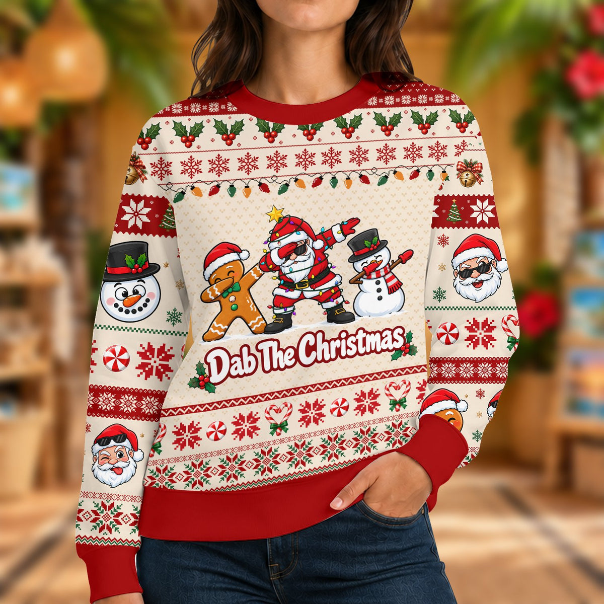 Lifestyle view of an adult wearing the red christmas ugly sweater