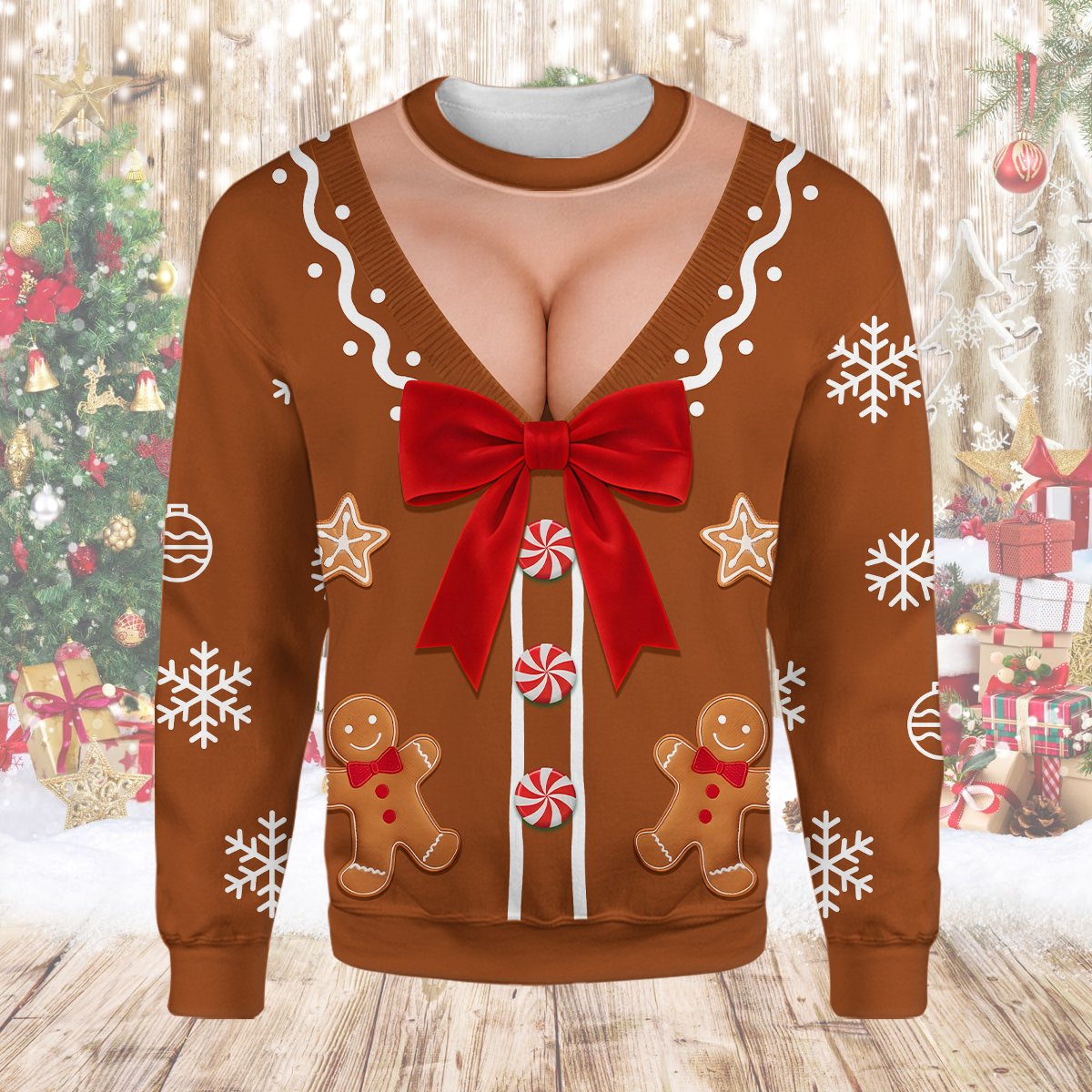Brown christmas ugly sweater with faux cleavage and gingerbread design, main view