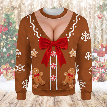 Brown christmas ugly sweater with faux cleavage and gingerbread design, main view