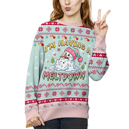 Detailed view highlighting the pastel snowflakes and candy canes on the ugly sweater