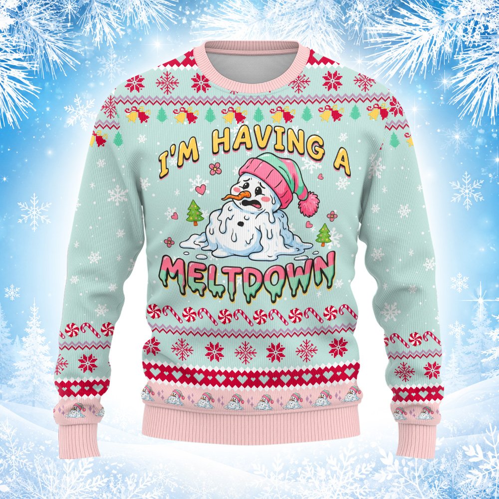 Close-up view of the collar and neckline on the pastel green ugly holiday sweater