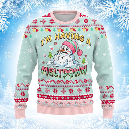 Close-up view of the collar and neckline on the pastel green ugly holiday sweater