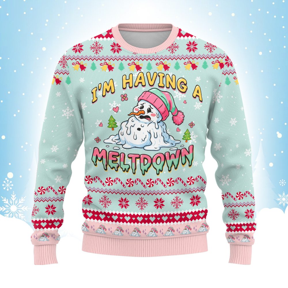 Angled side view of the adult melting snowman ugly holiday sweater
