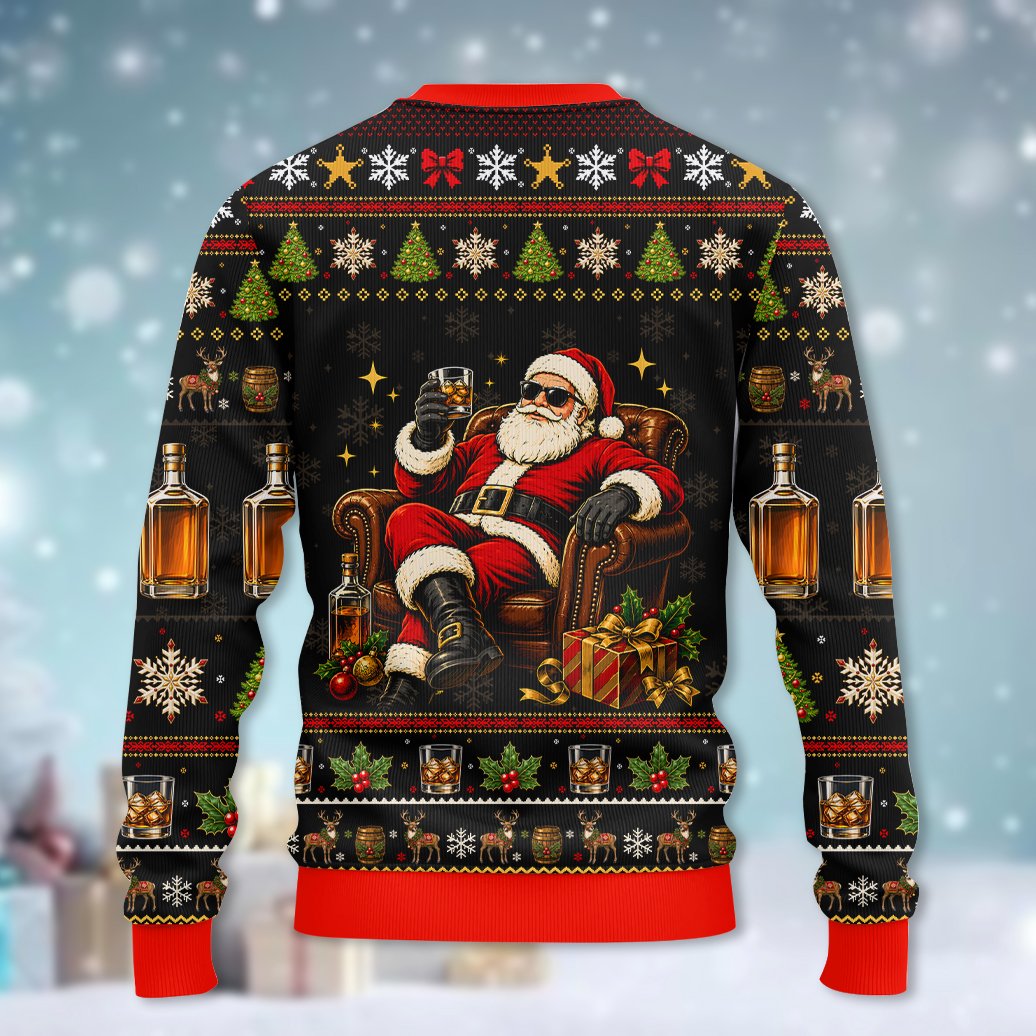 Whiskey ugly christmas sweater black back view styling detail