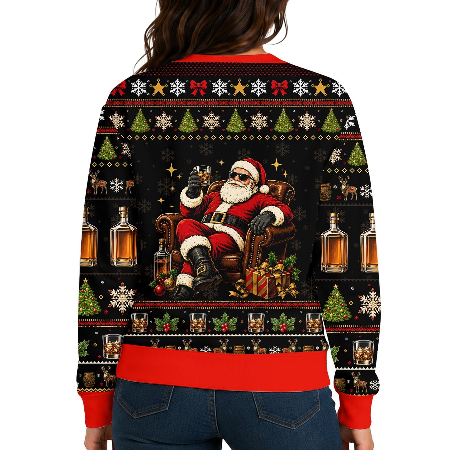 Whiskey ugly christmas sweater back view styling detail 3