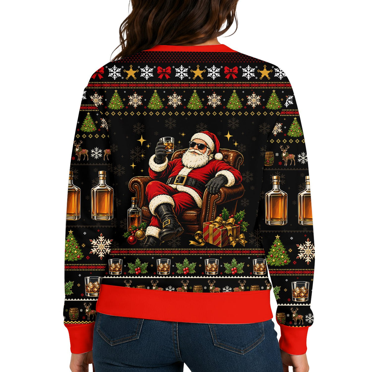 Whiskey ugly christmas sweater back view styling detail 3