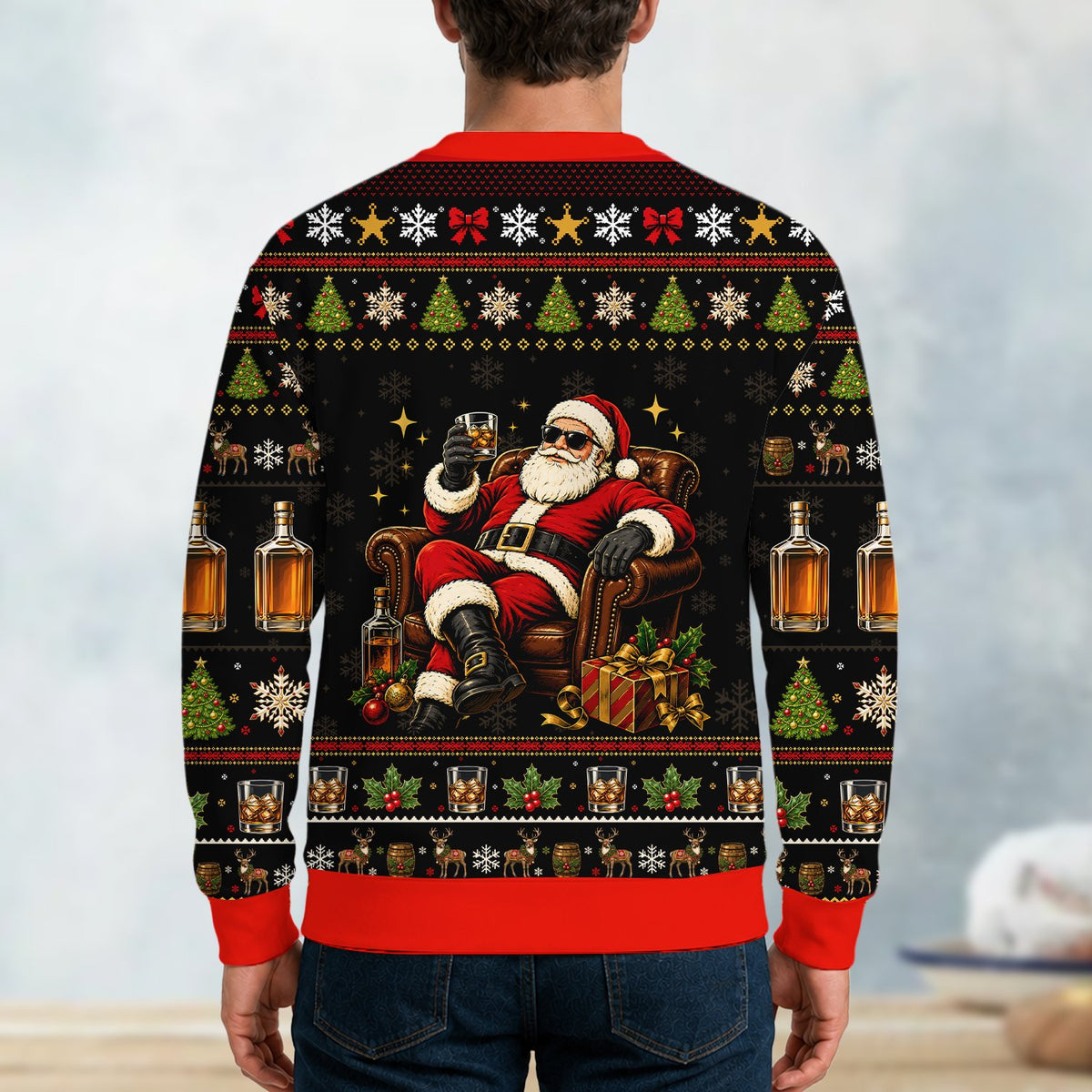 Whiskey ugly christmas sweater featuring a cool Santa and faux knit pattern, back view