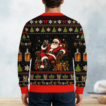 Whiskey ugly christmas sweater featuring a cool Santa and faux knit pattern, back view