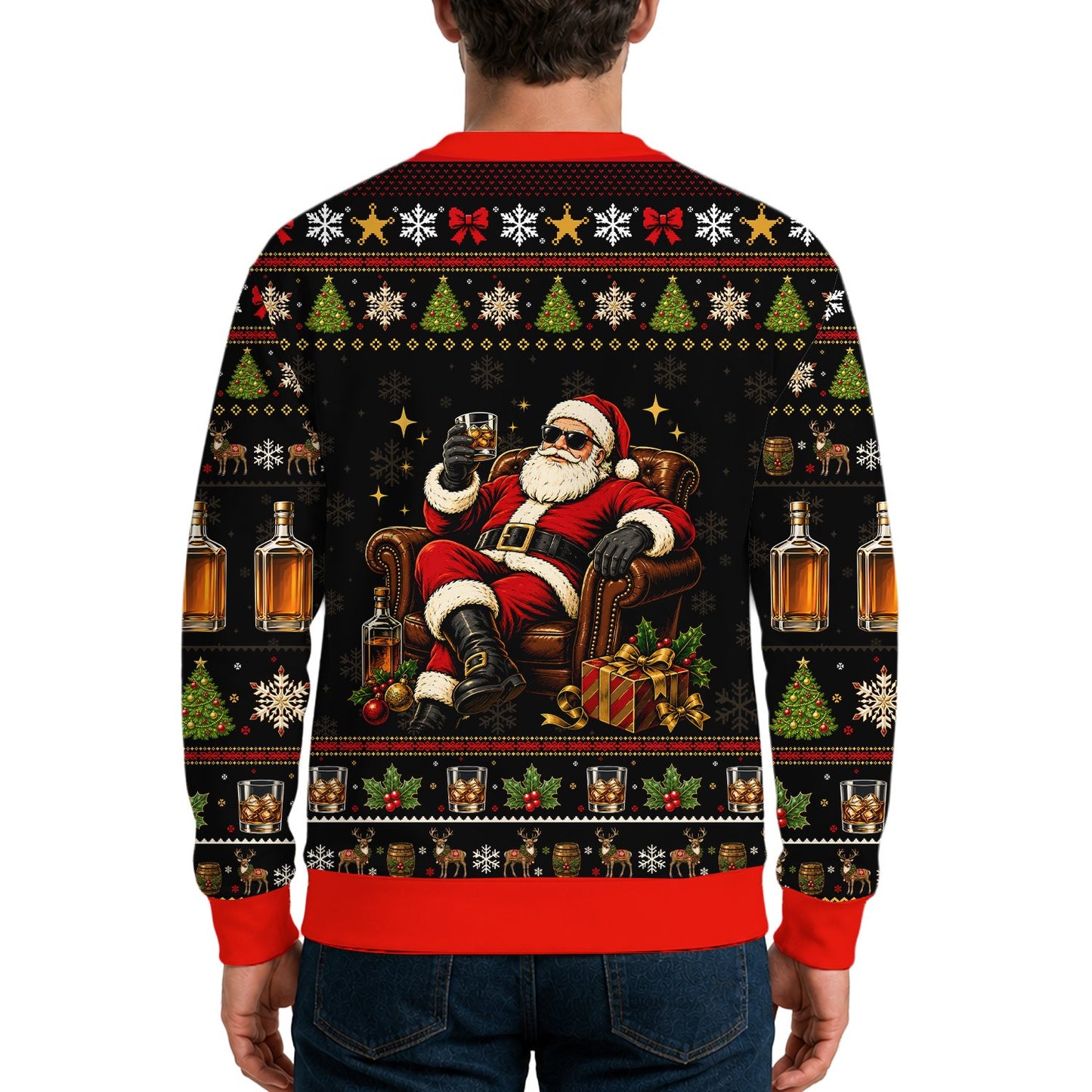 Whiskey ugly christmas sweater featuring a cool Santa and faux knit pattern, front view
