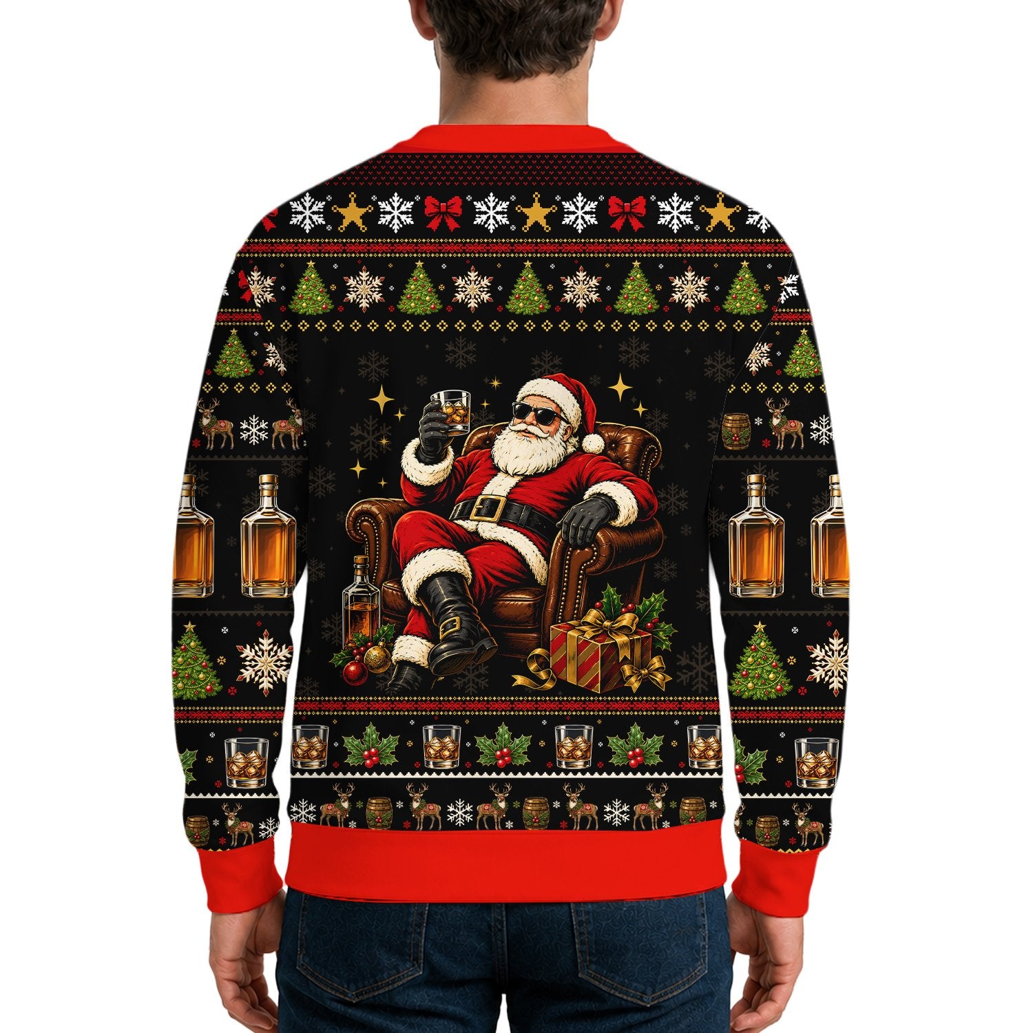 Whiskey ugly christmas sweater featuring a cool Santa and faux knit pattern, front view