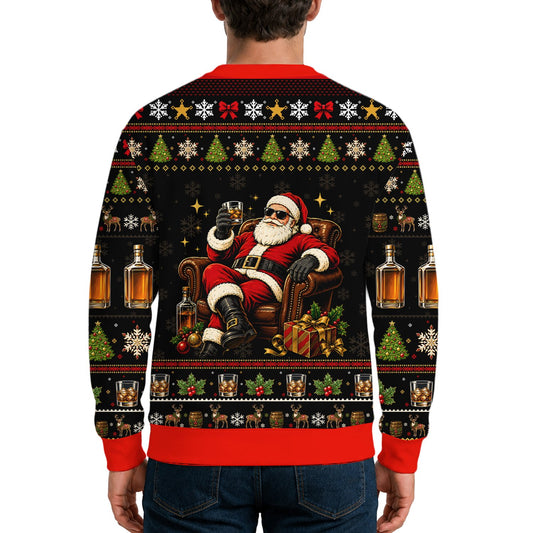 Whiskey ugly christmas sweater featuring a cool Santa and faux knit pattern, front view