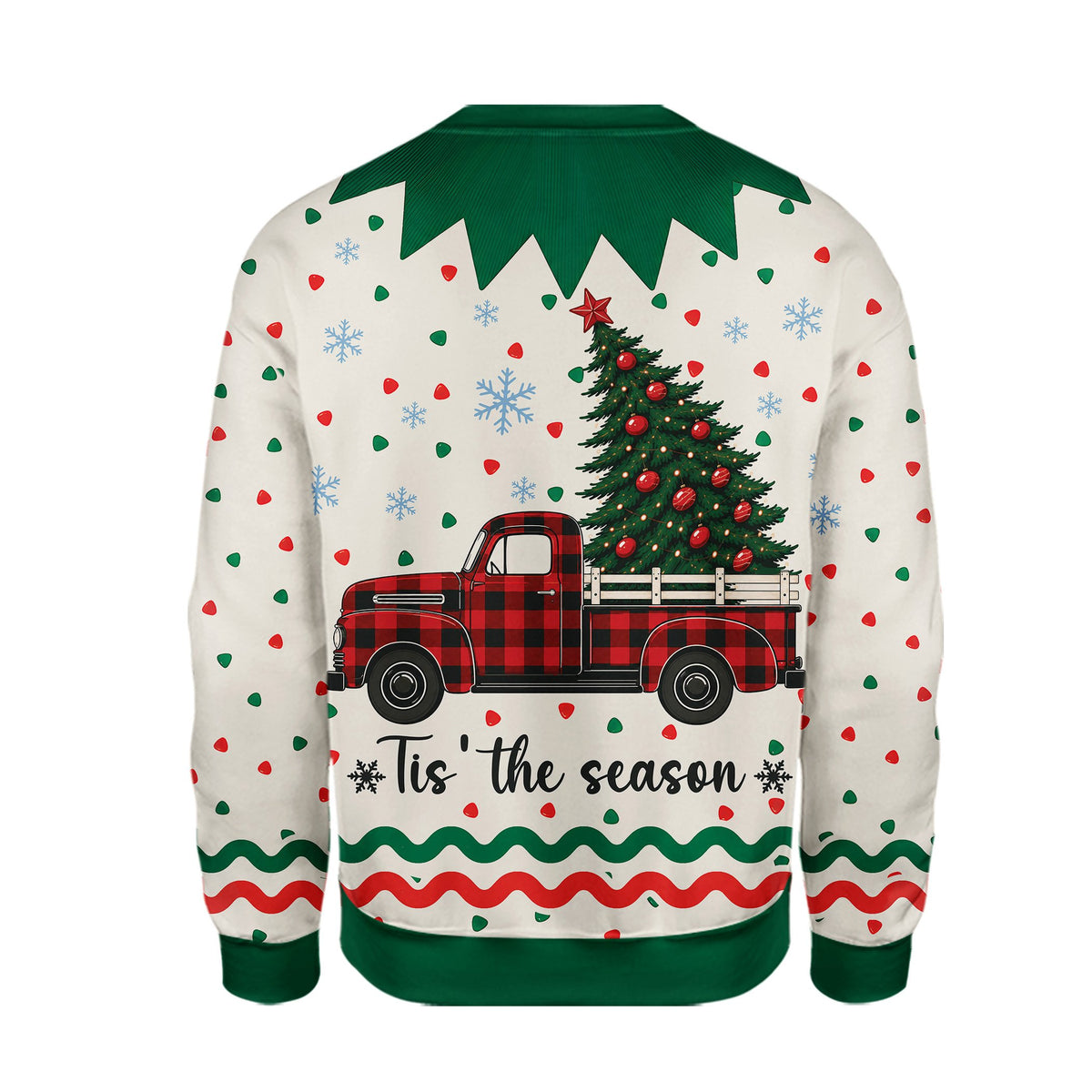 Back view of the cream ugly holiday sweater