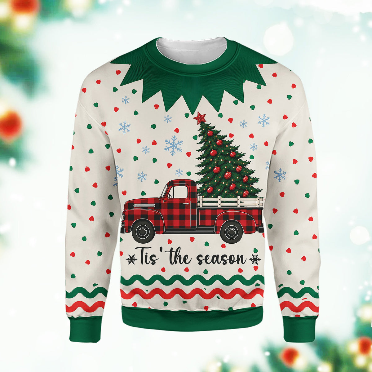 Detailed front view of the cream christmas ugly sweater