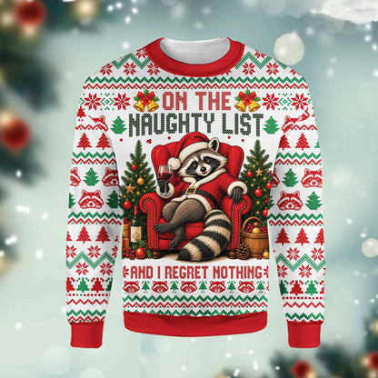 Close up front view of the white ugly christmas sweater with raccoon design