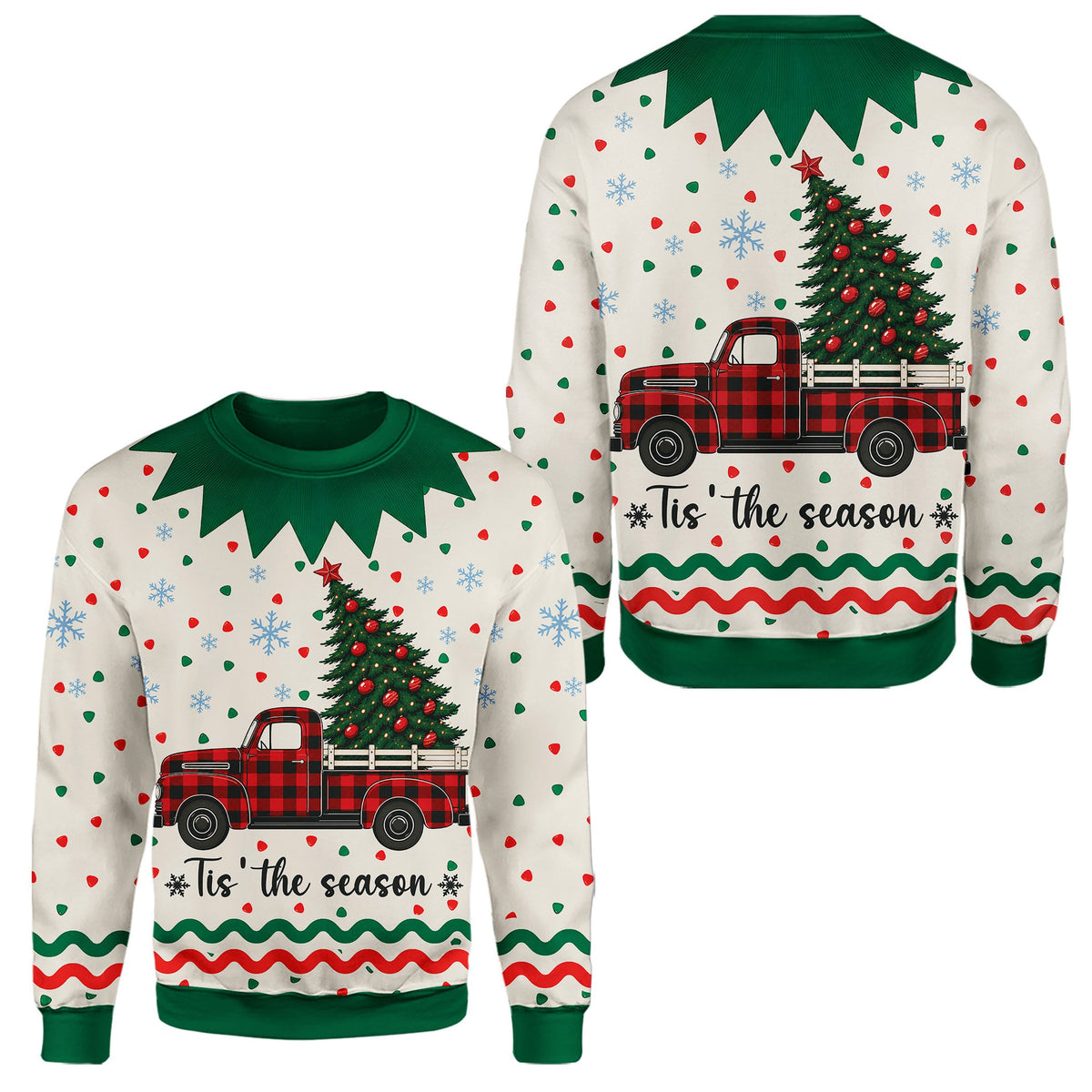 Close-up front view showing snowflakes and plaid truck design on the ugly holiday sweater