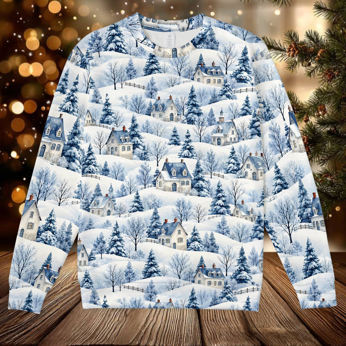White christmas ugly sweater featuring a snowy winter village scene, main view