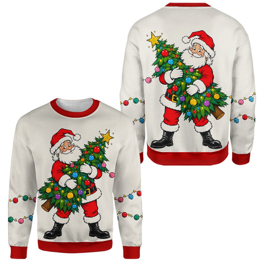 White christmas ugly sweater featuring Santa Claus and tree, main view
