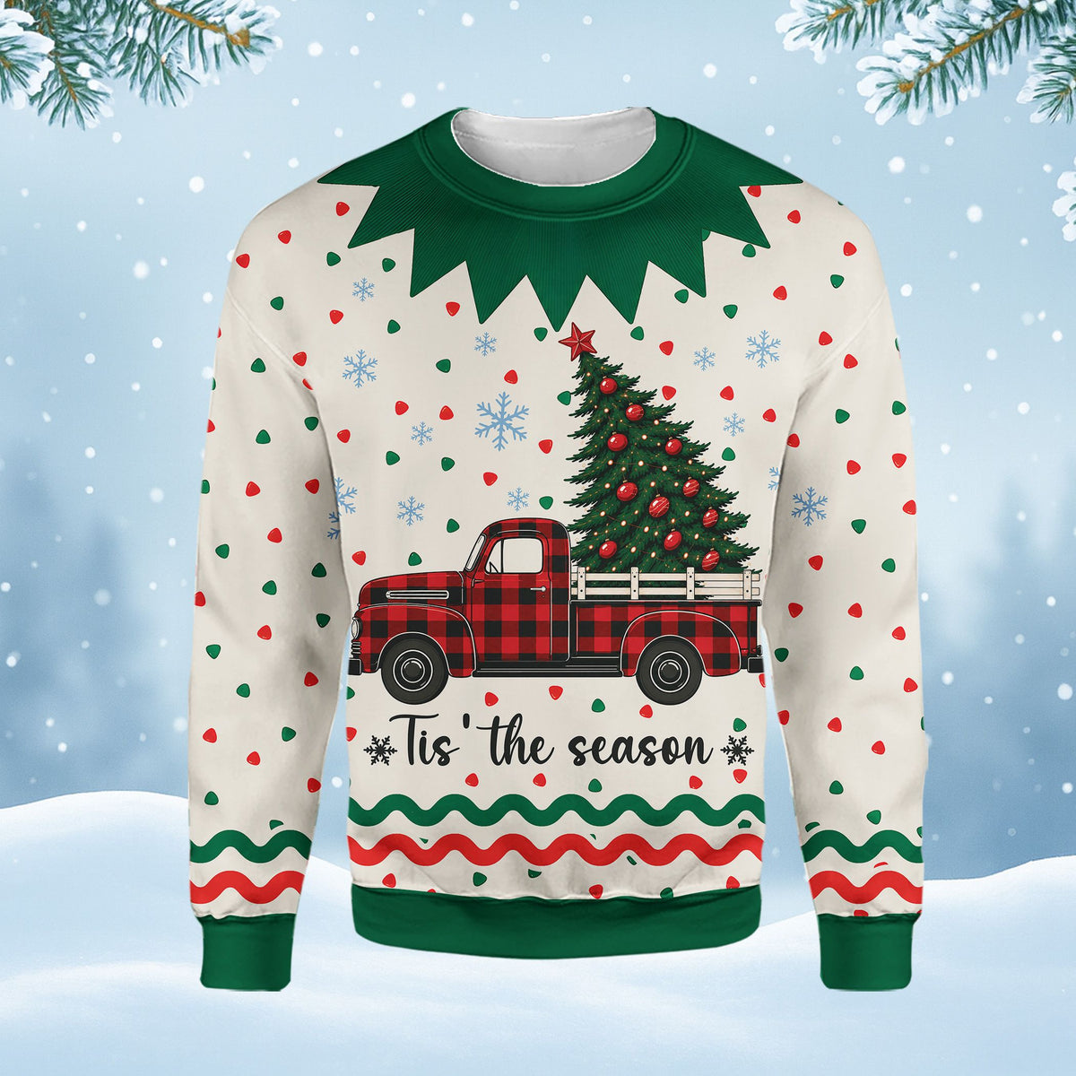Christmas ugly sweater featuring a vintage plaid pickup truck and tree, main view on cream background