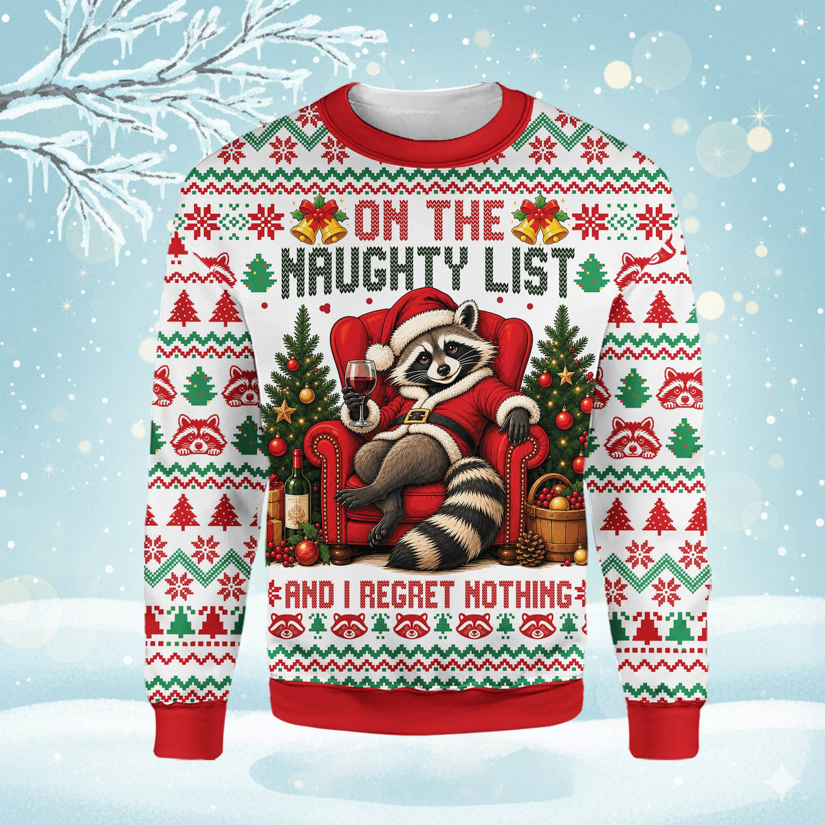 Front view of the white ugly christmas sweater with raccoon design