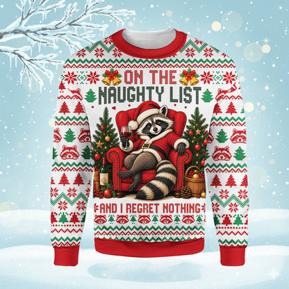 Front view of the white ugly christmas sweater with raccoon design