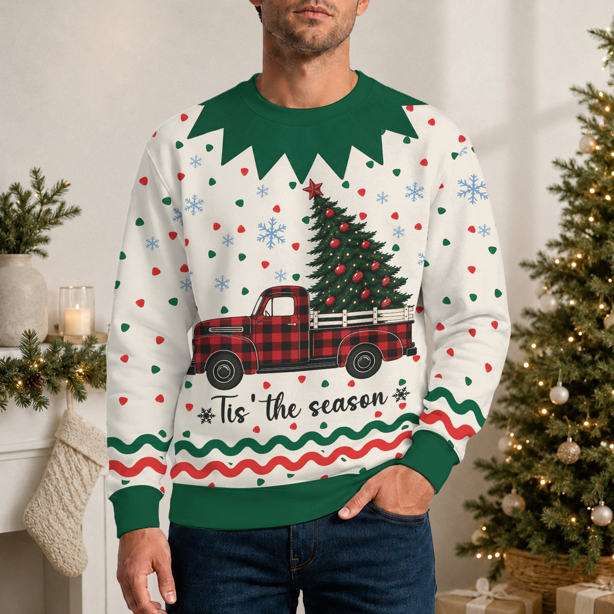 Lifestyle view of an adult wearing the christmas ugly sweater with plaid truck design