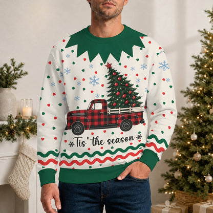 Lifestyle view of an adult wearing the christmas ugly sweater with plaid truck design