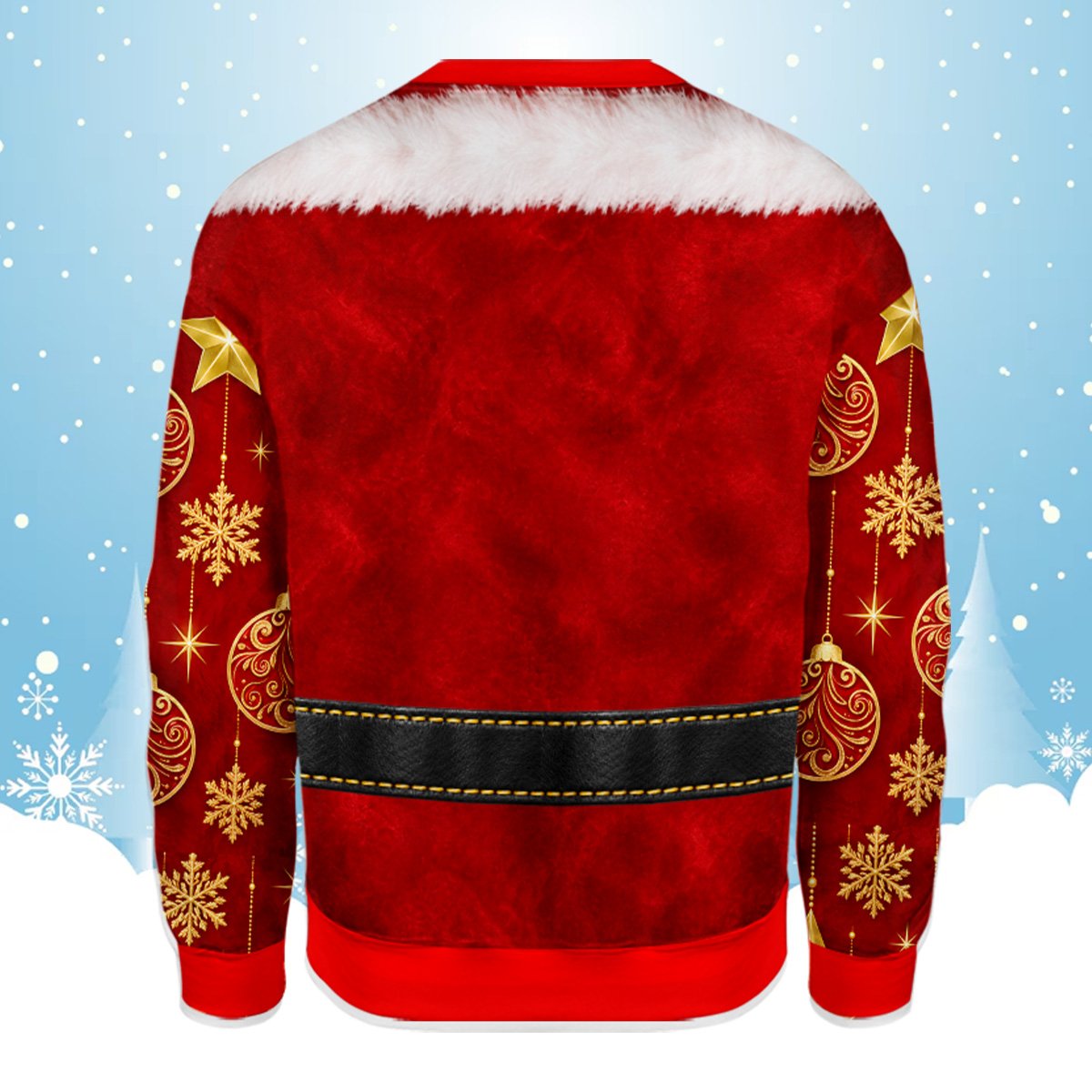 Back view of the holiday ugly sweater showing red texture and gold ornaments against a yellow background