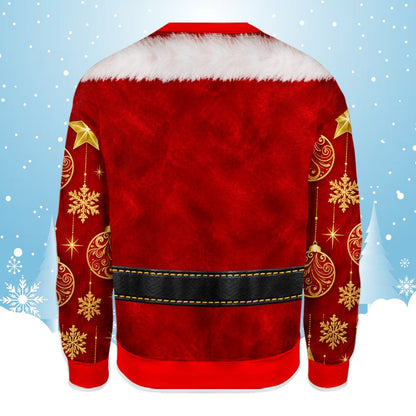 Back view of the holiday ugly sweater showing red texture and gold ornaments against a yellow background