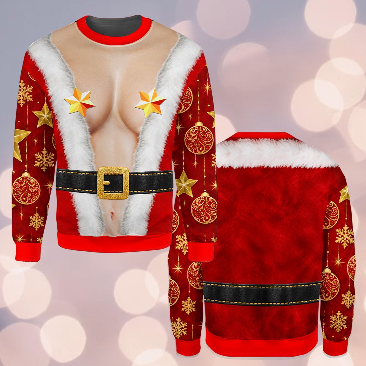 Front view of the holiday ugly sweater showing the humorous Santa suit design against a yellow background