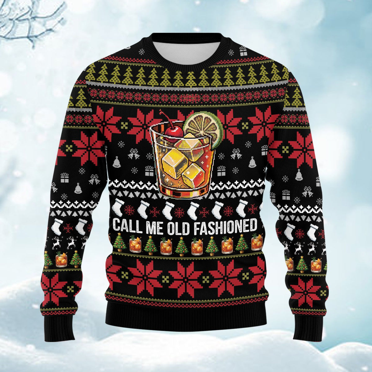 Call Me Old Fashioned cocktail ugly sweater, front view detail 3