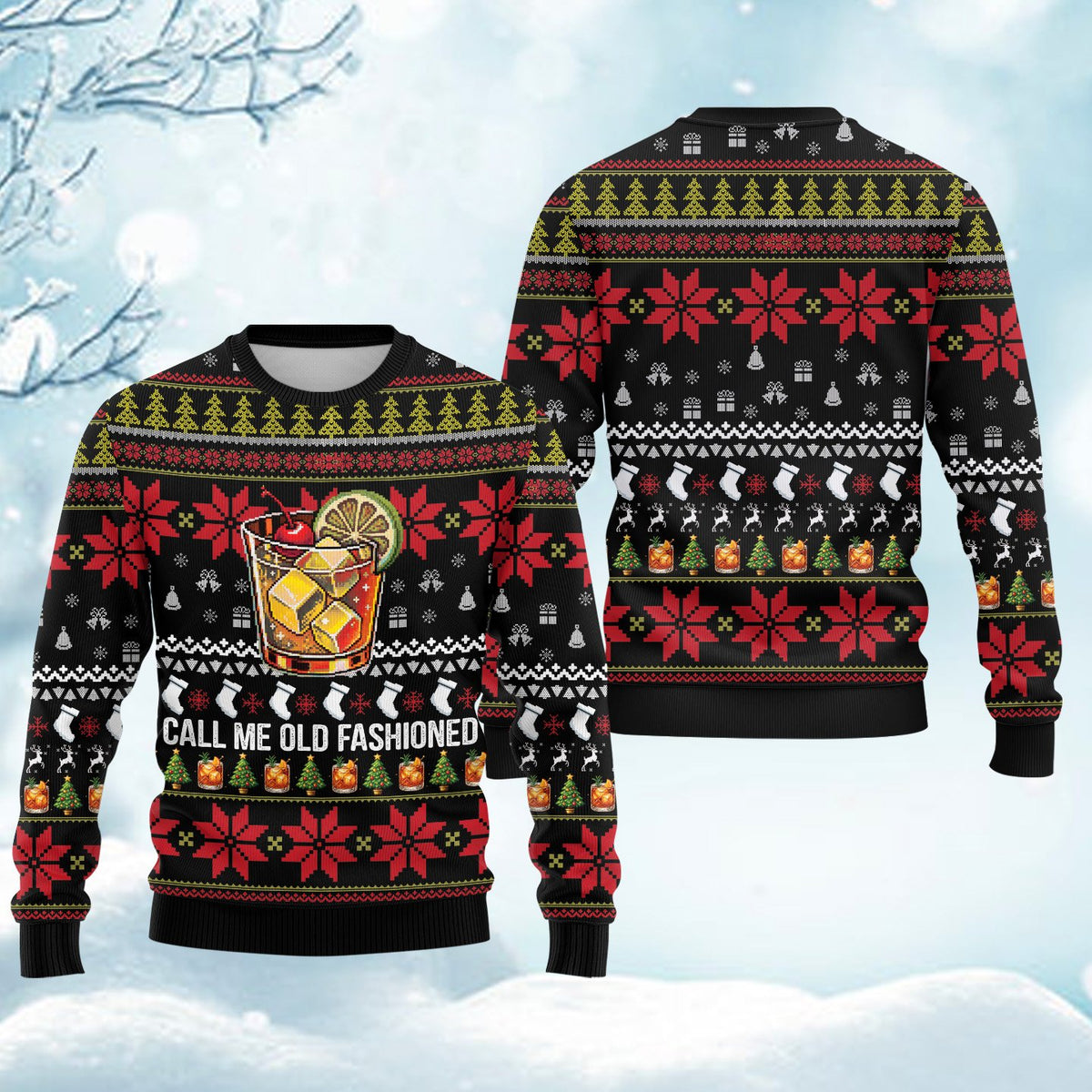 Black christmas ugly sweater with Call Me Old Fashioned design, main view