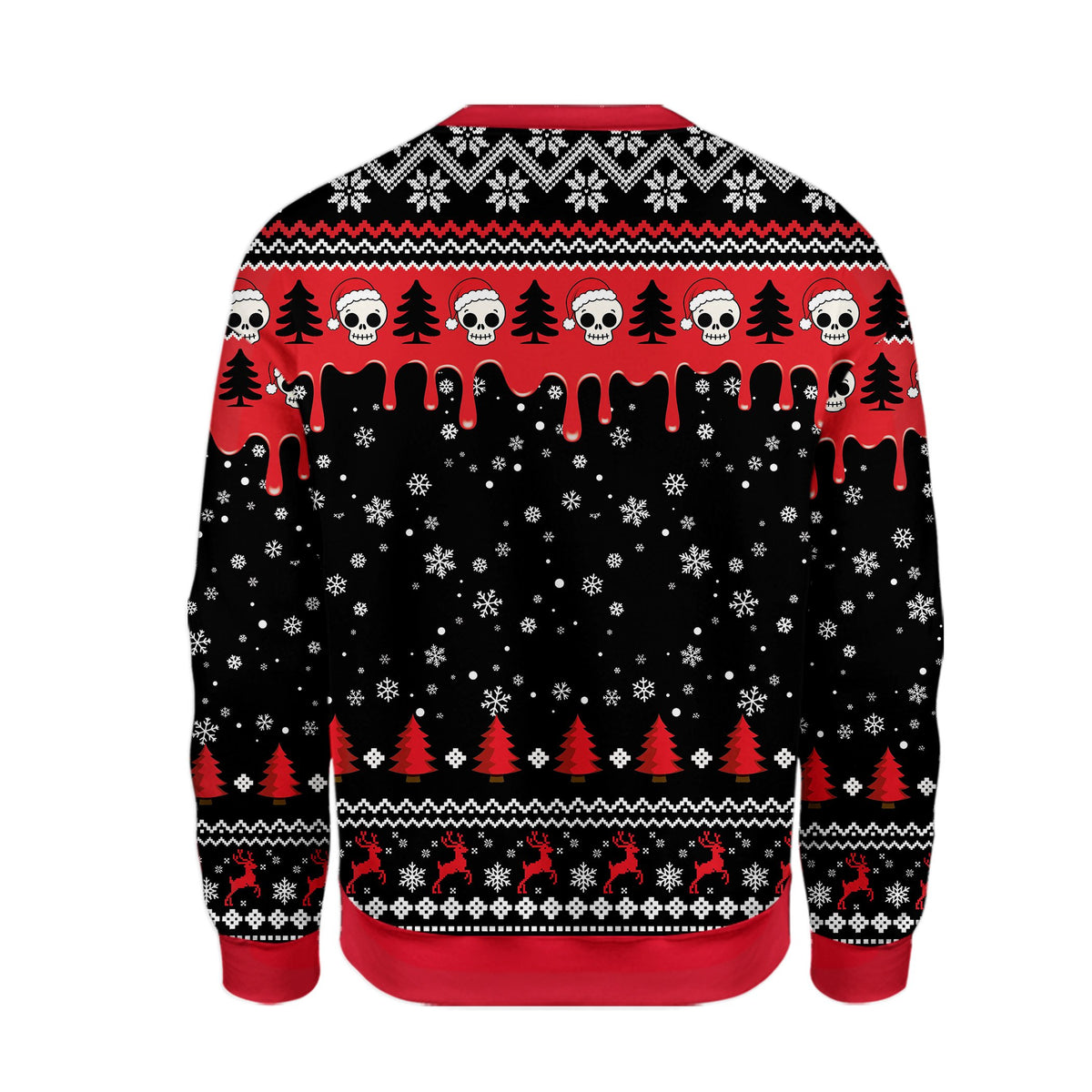 Back view of the black creepy ugly sweater with matching festive skull pattern
