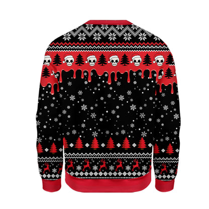 Back view of the black creepy ugly sweater with matching festive skull pattern