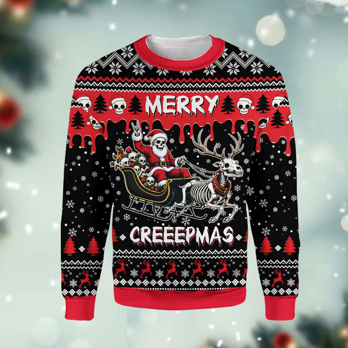 Second front view of the creepy christmas ugly sweater showing Merry Creepmas text