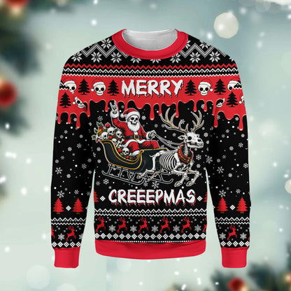 Second front view of the creepy christmas ugly sweater showing Merry Creepmas text