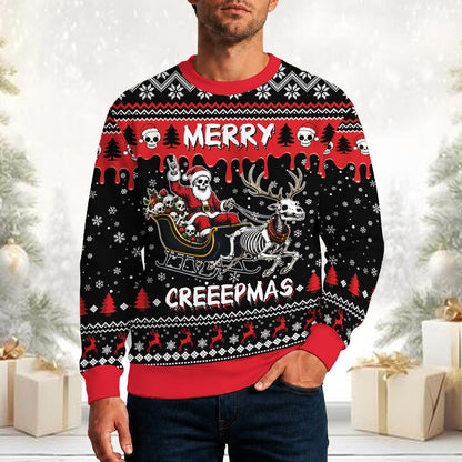 Lifestyle view of a person wearing the creepy ugly christmas sweater