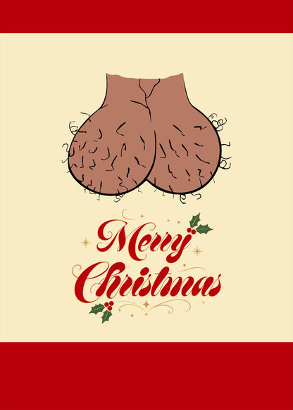 Beige crude ugly sweater with humorous merry christmas design, front view