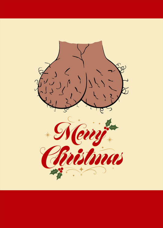 Beige crude ugly sweater with humorous merry christmas design, front view