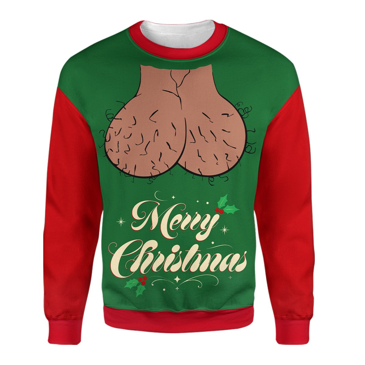 Green crude ugly sweater, back view
