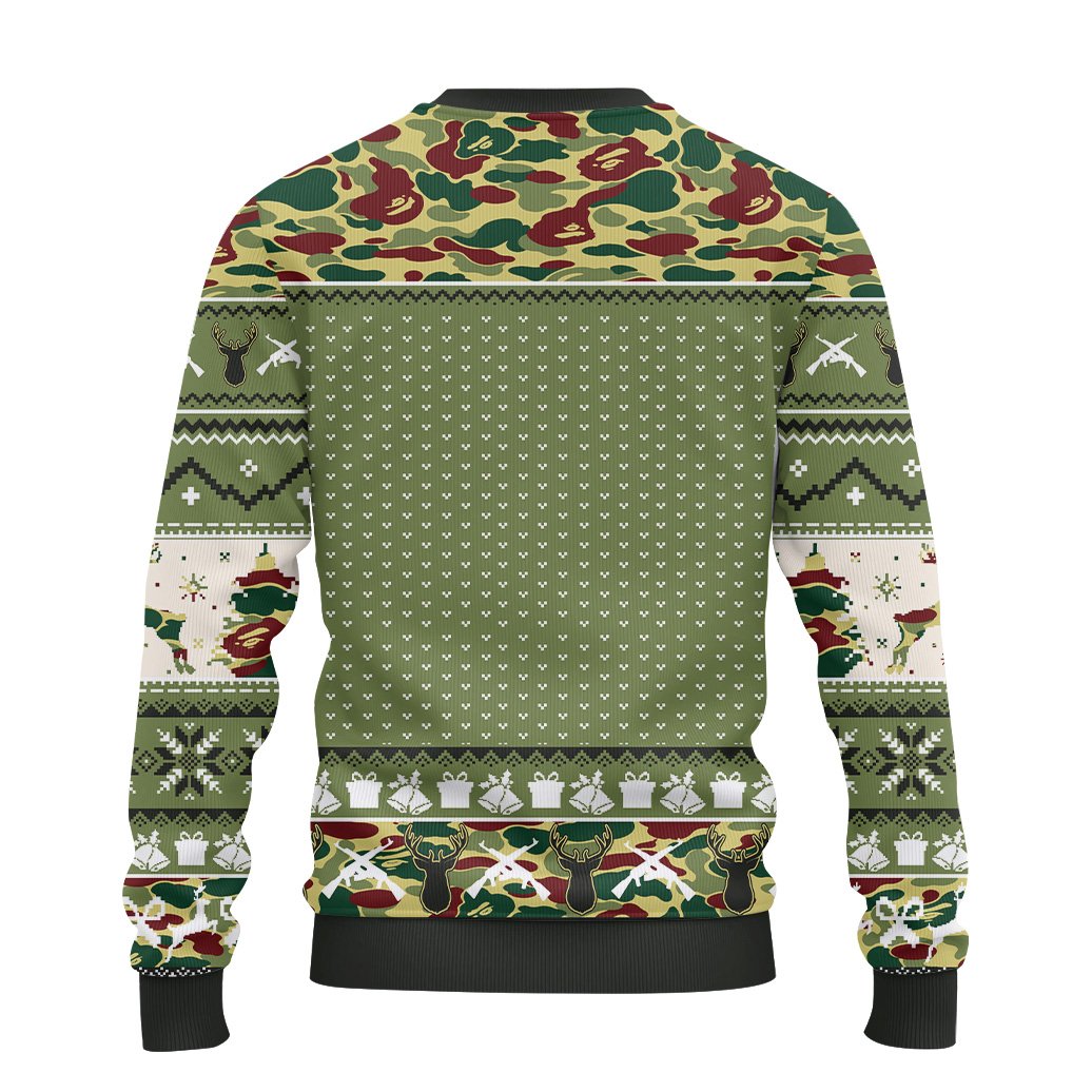 Back view of the deer hunting ugly christmas sweater