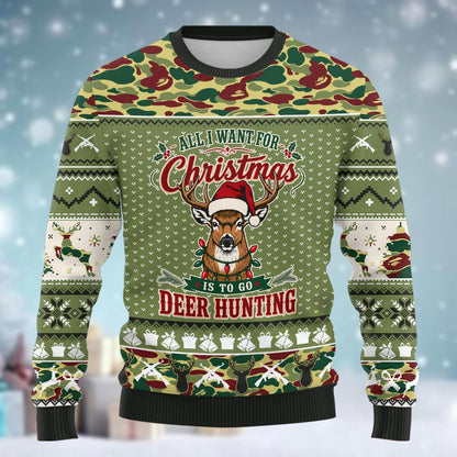 Close-up front view of the holiday ugly sweater with crossed rifles