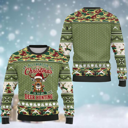 Another front view of the ugly deer sweater in green and red