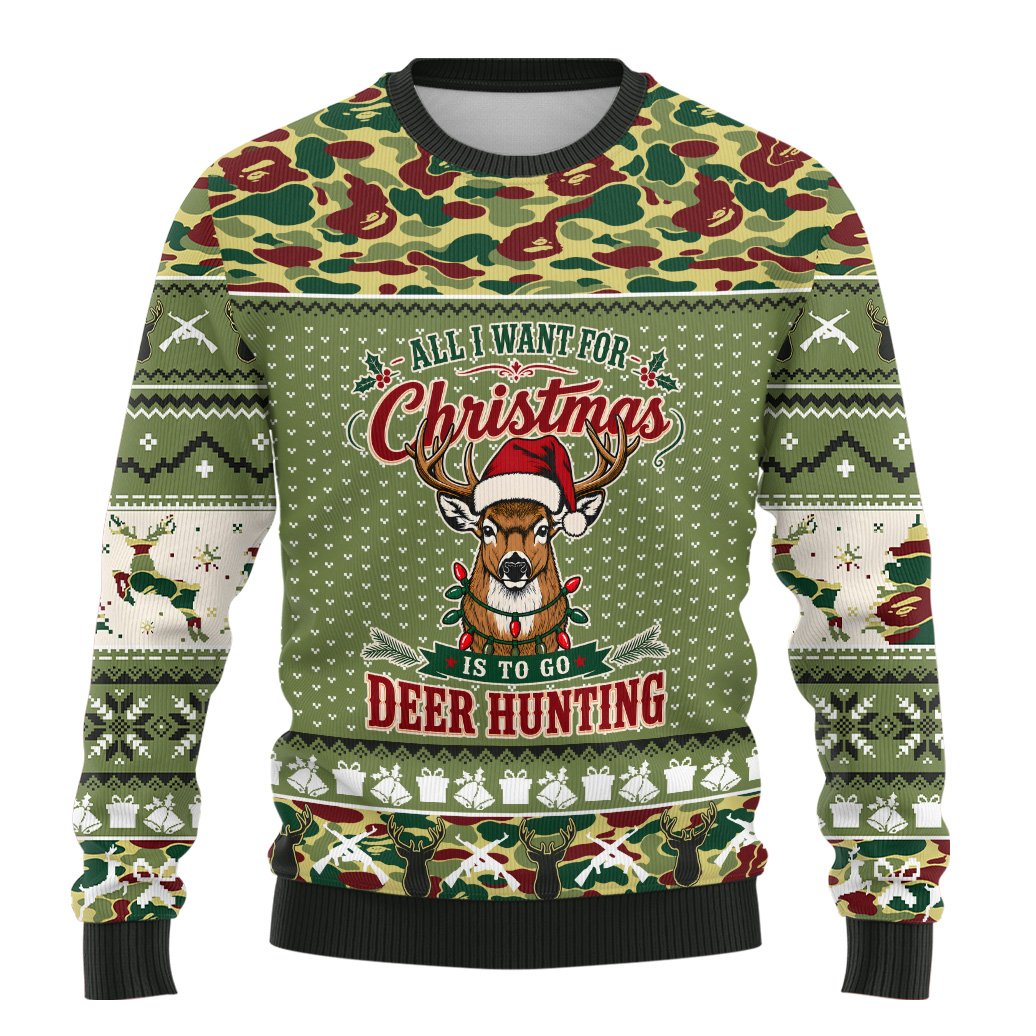 Green ugly christmas sweater deer design with hunting text, main view