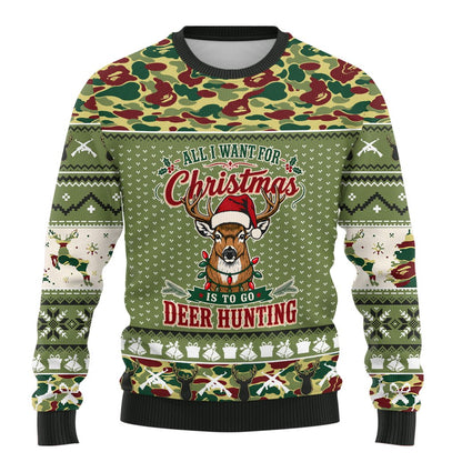 Front view of the deer hunting ugly sweater featuring a camo pattern
