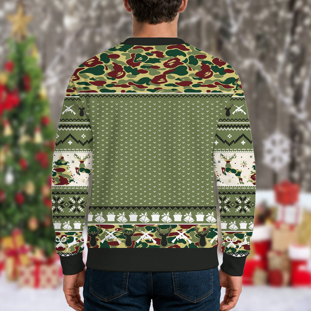 Second lifestyle shot of the ugly christmas sweater with deer