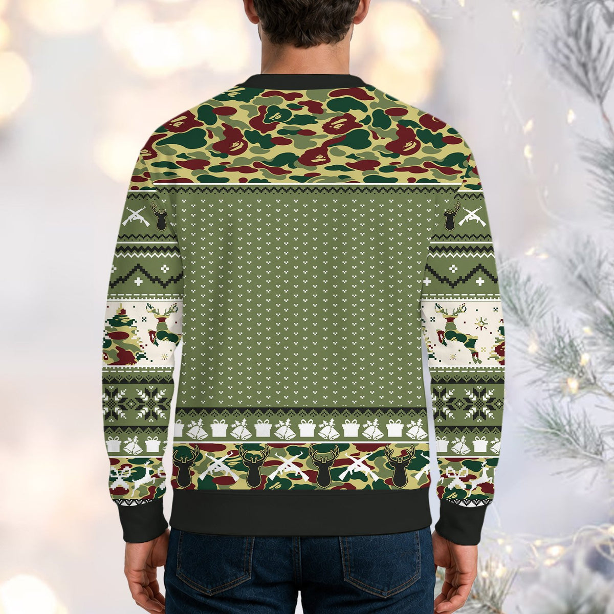 Third lifestyle view showcasing the hunting themed holiday sweater